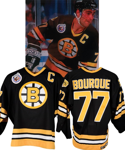 Ray Bourques 1992-93 Boston Bruins Game-Worn Captains Jersey - Centennial Patch! - Team Repairs! - Photo-Matched!