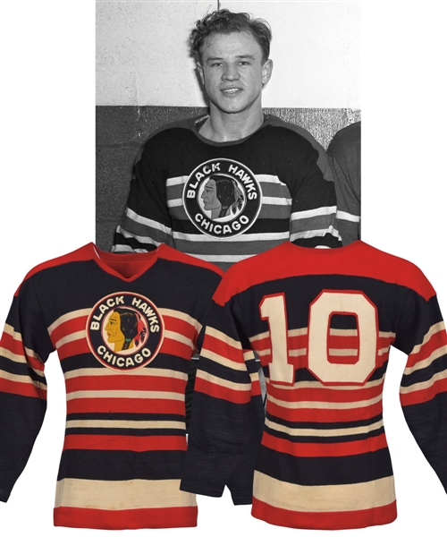 Bill Mosienkos 1946 Chicago Black Hawks Game-Worn Wool Jersey with Family LOA - Team Repairs! - Photo-Matched!