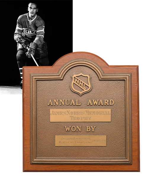 Jacques Laperrieres Original 1965-66 James Norris Memorial Trophy Plaque with His Signed LOA