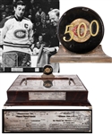 Jean Beliveaus 1970-71 Montreal Canadiens Career Presentational Trophy Featuring His 500th Goal Milestone Puck from His Personal Collection with Family LOA