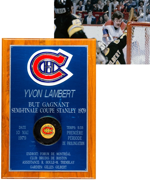 Yvon Lamberts May 10th 1979 Montreal Canadiens Stanley Cup Semi-Finals Game #7 Game-Winning/Series-Clinching Overtime Signed Goal Puck Plaque from His Personal Collection with LOA (10" x 15")