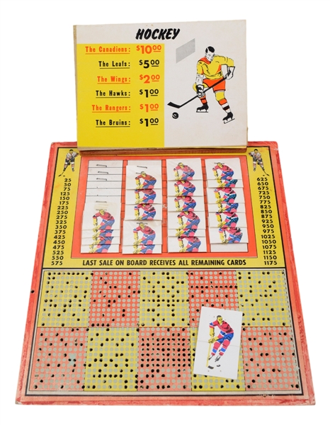 Vintage Hockey Gambling Punchboard with Associated Betting Cards/Prizes