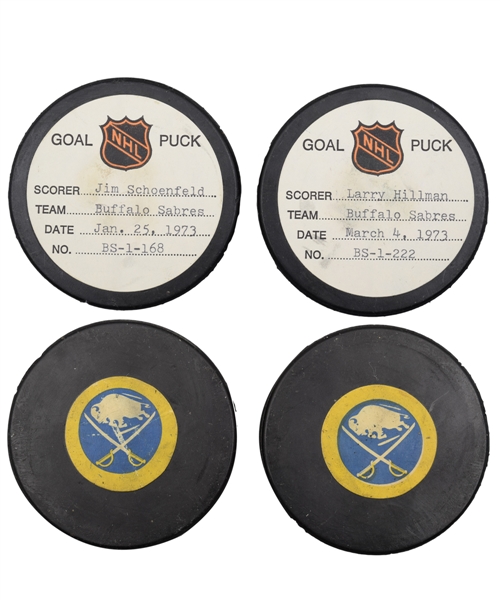 Jim Schoenfelds and Larry Hillmans Buffalo Sabres 1972-73 Goal Pucks from the NHL Goal Puck Program