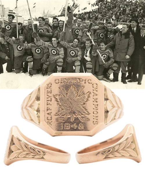 Julius "Pete" Leichnitzs 1948 Winter Olympics RCAF Flyers Olympic Champions 10K Gold Ring with LOA