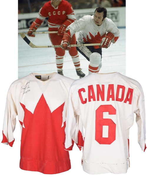 Ron Ellis 1972 Canada-Russia Series Signed Team Canada Game-Worn Away Jersey - Photo-Matched to Paul Hendersons Series-Winning Goal Celebration!
