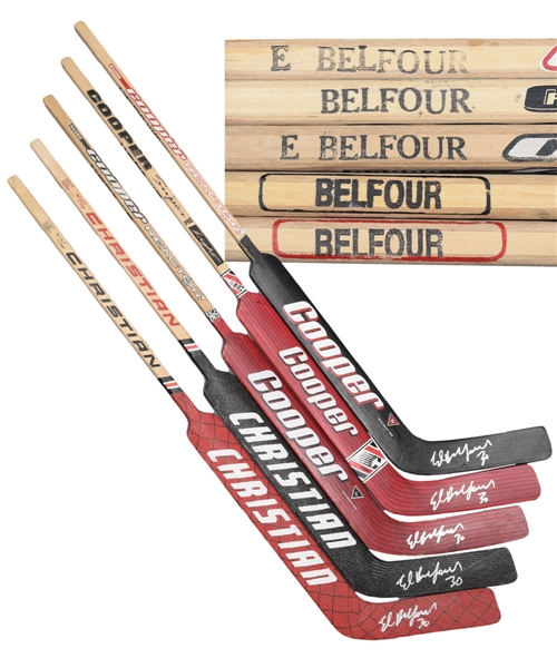 Ed Belfours Chicago Black Hawks Signed Game-Issued Cooper and Christian Stick Collection of 5