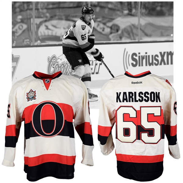 Erik Karlssons 2014 NHL Heritage Classic Ottawa Senators Warm-Up Worn Jersey with NHLPA LOA