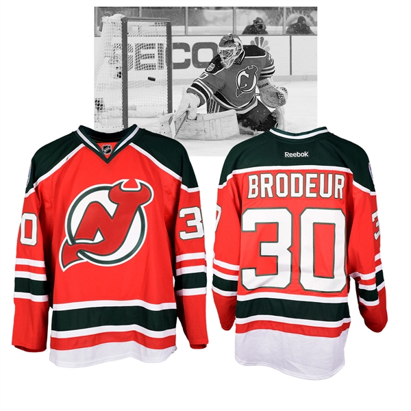 Martin Brodeurs 2014 NHL Stadium Series New Jersey Devils Warm-Up Worn Jersey with NHLPA LOA