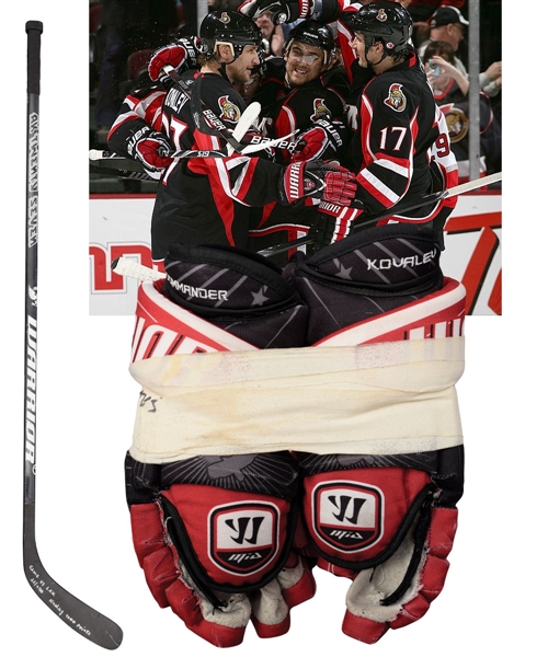 Alexei Kovalevs 2009-10 Ottawa Senators Photo-Matched "400th Goal" Game-Used Skates and Gloves Plus 2010-11 Game-Used Stick with "1000 Points" Annotation