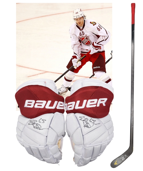 Erik Karlssons 2012 NHL All-Star Game Photo-Matched Signed Bauer Game-Used Gloves and Easton Game-Used Stick