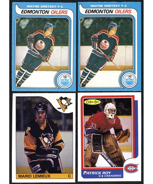 1979-80 O-Pee-Chee Hockey #18 HOFer Wayne Gretzky RC (2), 1985-86 #9 HOFer Mario Lemieux RC and 1986-87 #53 HOFer Patrick Roy RC