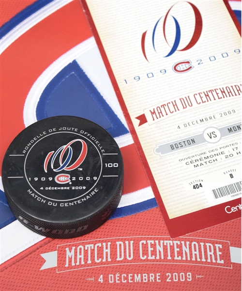Montreal Canadiens December 4th 2009 "Centennial Game" Game-Used Puck with Team COA Plus Game Program and Ticket
