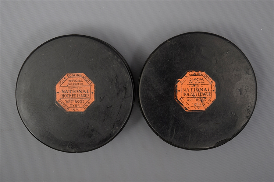CCM Art Ross 1942-50 NHL Official Game Puck Collection of 2