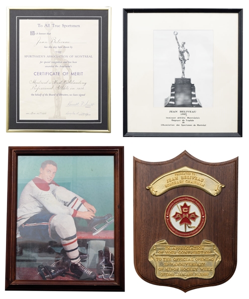 Jean Beliveaus Photo, Plaque, Certificate and Award Collection of 39
