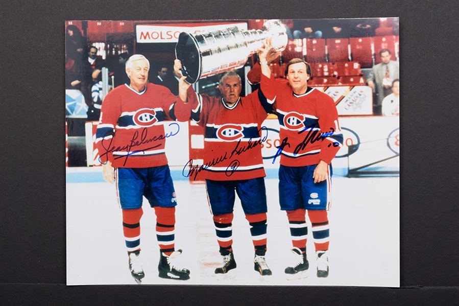 Maurice Richard, Jean Beliveau and Guy Lafleur Triple-Signed Montreal Canadiens Photo Plus Canadiens Multi-Signed Book