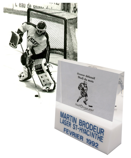 Martin Brodeurs 1992 QMJHL St. Hyacinthe Lasers Defensive Player of the Month Award with LOA