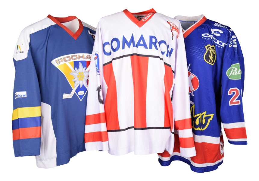 HKM Zvolen 1990s Slovak Extraliga and 2000s MMKS Podhale Nowy Targ and KS Cracovia Poland Extraclass Game-Worn/Game-Issued Jerseys (3)