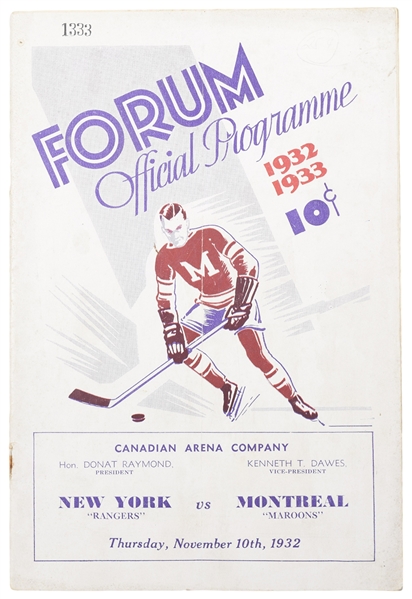 Montreal Forum November 10th 1932 Program - Montreal Maroons vs New York Rangers