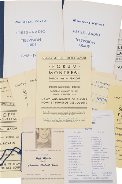 Montreal Royals QSHL 1930s-1950s Hockey Program and Memorabilia Collection of 16 with Imlach, Durnan and Others