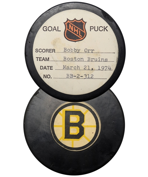 Bobby Orrs Boston Bruins March 21st 1974 Goal Puck from the NHL Goal Puck Program - 28th Goal of Season / Career Goal #209