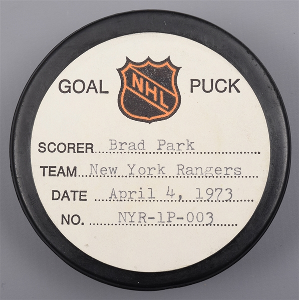 Brad Parks New York Rangers April 4th 1973 Playoff Goal Puck from the NHL Goal Puck Program - 2nd Playoff Goal of Season / Career Playoff Goal #7