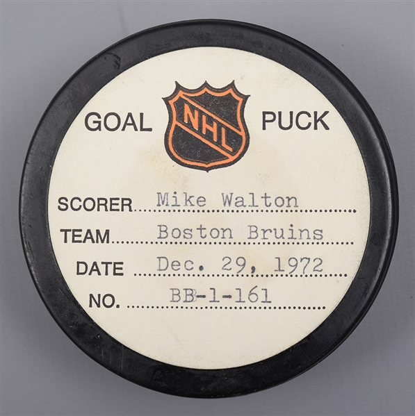 Mike Waltons Boston Bruins December 29th 1972 Goal Puck from the NHL Goal Puck Program - 20th Goal of Season / Career Goal #135