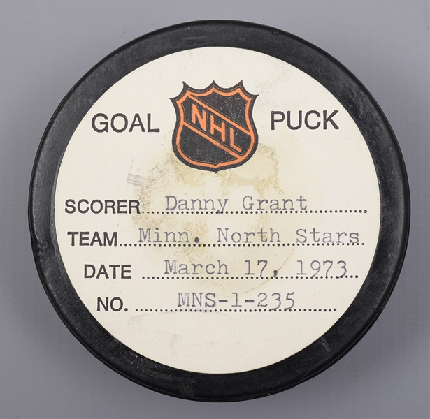 Danny Grants Minnesota North Stars March 17th 1973 Goal Puck from the NHL Goal Puck Program - 30th Goal of Season / Career Goal #148