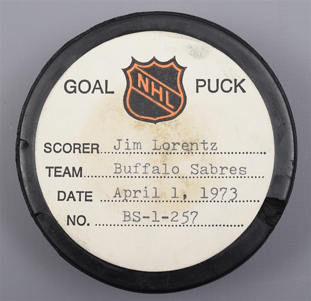 Jim Lorentzs Buffalo Sabres April 1st 1973 Goal Puck from the NHL Goal Puck Program - 27th Goal of Season / Career Goal #161