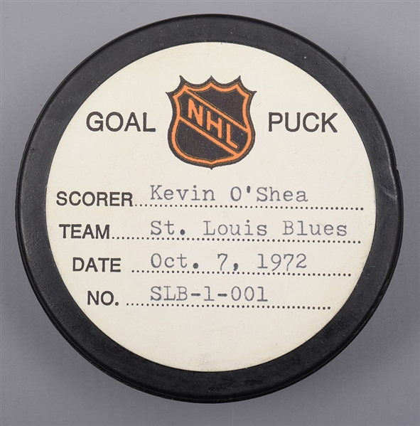 Kevin OSheas St. Louis Blues October 7th 1972 Goal Puck from the NHL Goal Puck Program - 1st Goal of Season / Career Goal #11