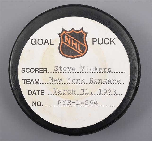 Steve Vickers New York Rangers March 31st 1973 Goal Puck from the NHL Goal Puck Program - 30th Goal of Season / Career Goal #30