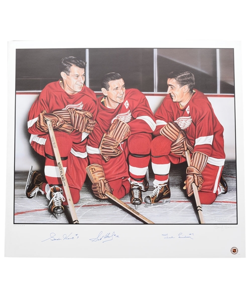 Detroit Red Wings Production Line Limited-Edition Lithograph Autographed by Howe, Abel and Lindsay with LOA (27” x 29 ½”)