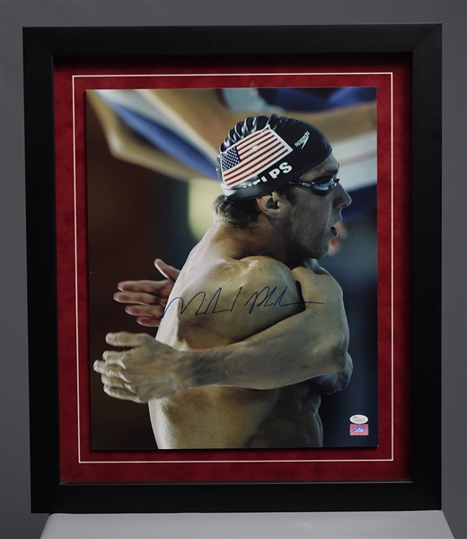 Michael Phelps Signed Olympics Stretching Framed Photo with JSA COA (22 ¾” x 26 ¾”)