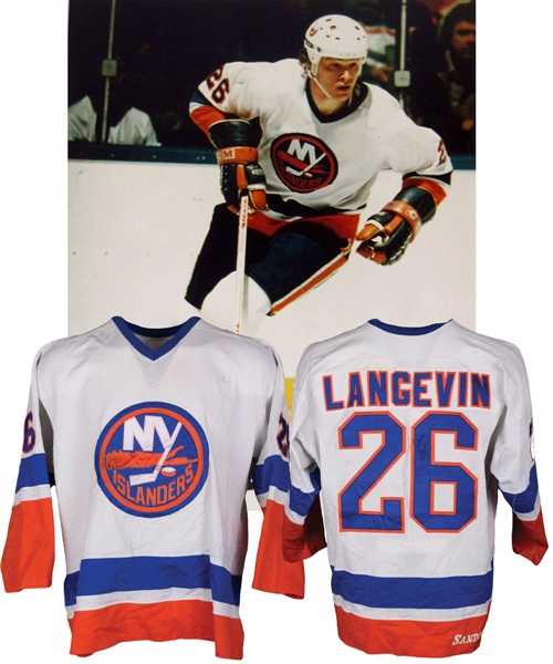 Dave Langevins Early-1980s New York Islanders Signed Game-Worn Jersey with LOA - Team Repairs!