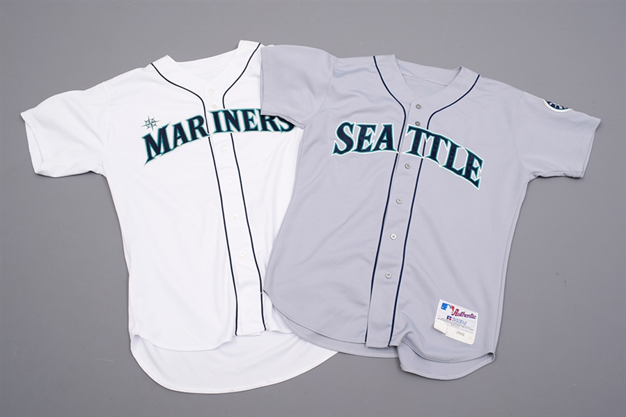 Seattle Mariners Game-Worn Collection of 8 with Vanderbergs 1980s Jacket, Circa Late-1970s Batting Helmet and Slocumbs and Martins Game-Worn Jerseys