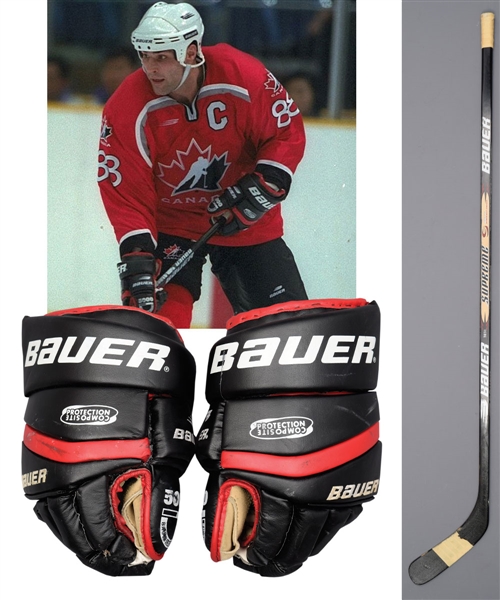 Eric Lindros 1998 Winter Olympics Team Canada Game-Used Photo-Matched Bauer Gloves Plus Bauer Game-Used Stick