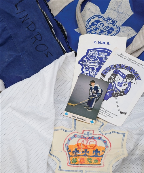 Eric Lindros Mid-1980s Toronto Marlboros Memorabilia Collection with Practice-Worn Jersey and Equipment Bags (2)