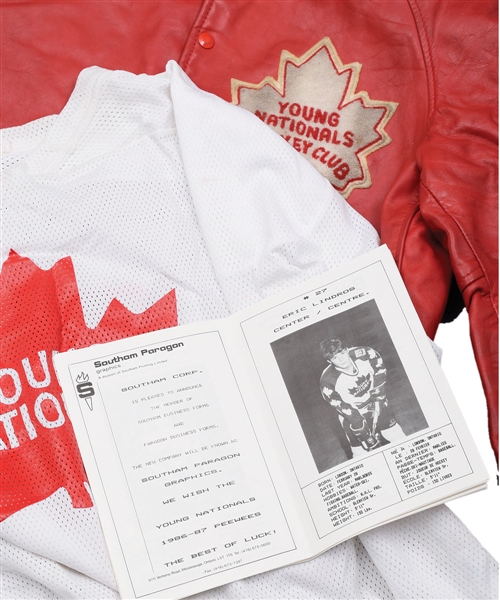 Eric Lindros Mid-1980s Toronto Young Nationals Memorabilia Collection with Team Leather Jacket and Practice Jersey