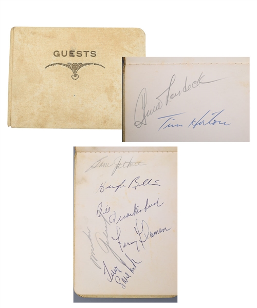 Vintage Multi-Sport Autograph Booklet Including 16 Deceased Hockey Hall of Famers with Sawchuk, Plante, Broda, Harvey and Horton