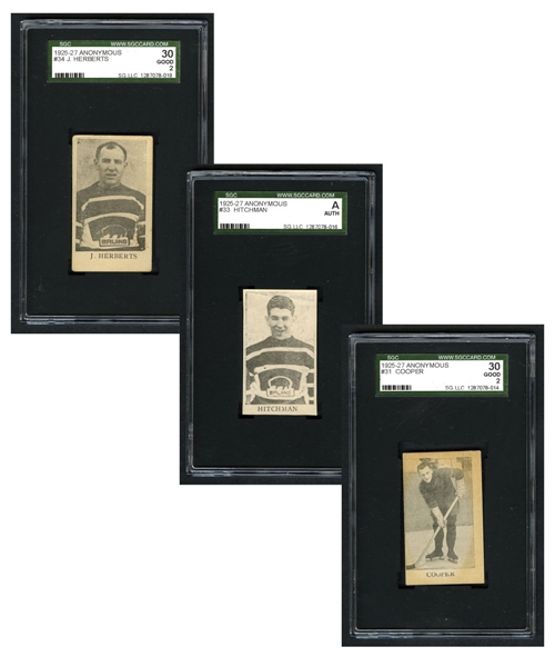 1925-27 Anonymous SGC-Graded Boston Bruins Hockey Card Collection of 3 - #31 Cooper, #33 Hitchman and #34 Herberts