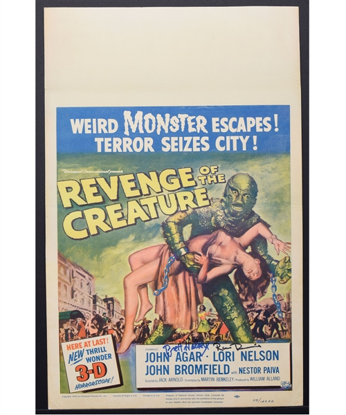 1955 Revenge of the Creature (Universal International) Science Fiction Window Card 3-D Style Signed by Brett Halsey and Ricou Browning (14" x 22") 
