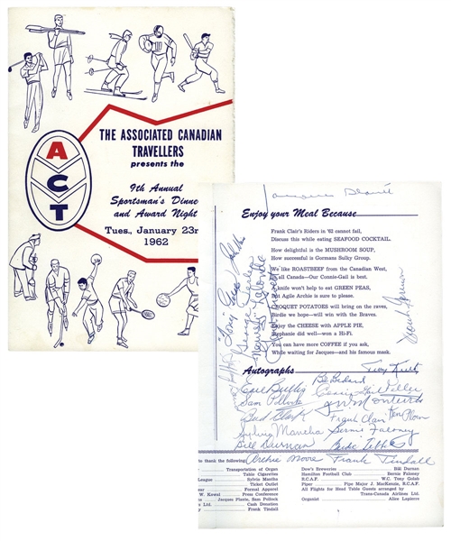 1962 ACT Sportsmans Dinner Program Signed by 20+ with Plante, Joliat, Lalonde, Durnan and Other Sports Athletes Including Archie Moore
