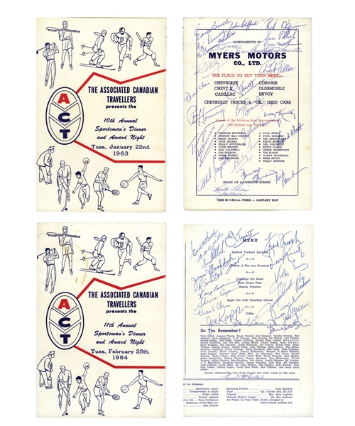 1963 and 1964 ACT Sportsmans Dinner Programs Signed by 40+ with Denneny, Father Bauer and Other Sports Athletes Including Hornung, Feller and Braddock