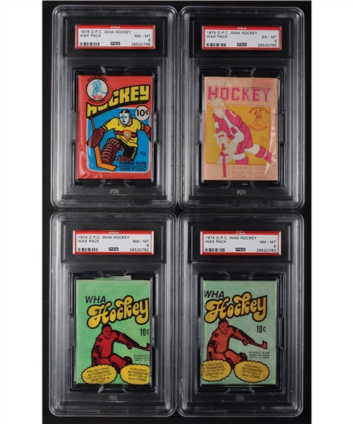 1974-75, 75-76 and 76-77 O-Pee-Chee WHA PSA-Graded Unopened Wax Pack Collection of 4