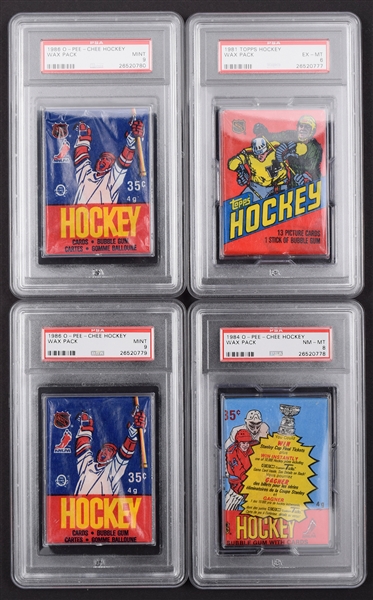 1980s O-Pee-Chee and Topps Unopened Wax Pack Collection of 13 with PSA-Graded Packs Plus Stack of 1970s and 1980s Wrappers