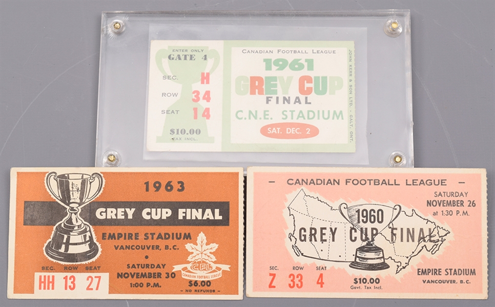 Canadian Football League 1960, 1961 and 1963 Grey Cup Ticket Collection of 3