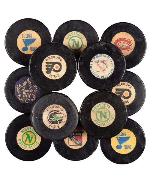 1967-68 Art Ross / Converse NHL Expansion Teams Game Pucks (6) Plus 1968-69 Art Ross / Converse NHL Game Pucks (6)