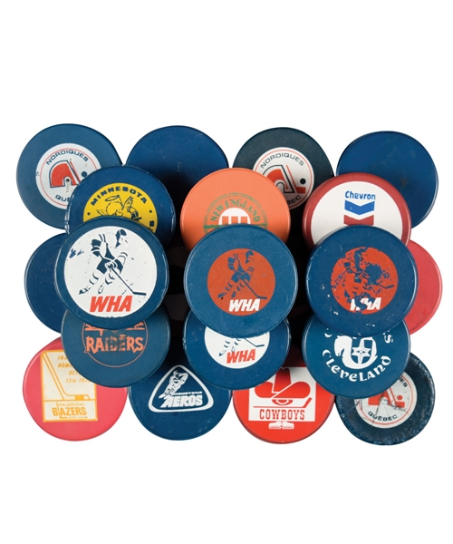 1972-76 WHA Blue, Red and Orange Biltrite Puck Collection of 21