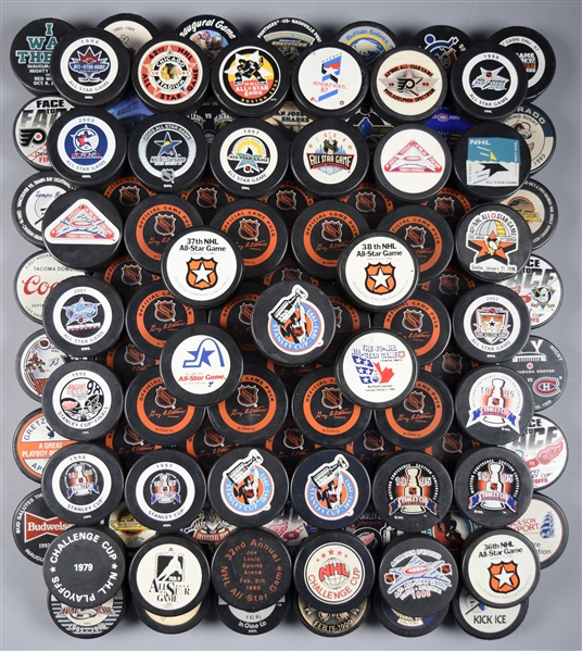 NHL Puck Collection of 102 with 1979-2003 NHL All-Star Game Pucks (26)