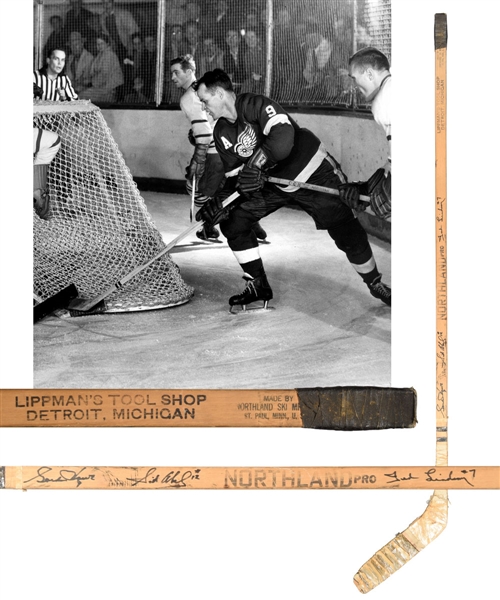 Gordie Howe Mid-1950s Detroit Red Wings Northland Game-Used Stick Signed by Howe, Abel and Lindsay
