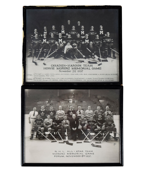 Scarce 1937 Howie Morenz Memorial Game "NHL All-Star Team" and "Canadiens-Maroons Team" Rice Studios Framed Photos